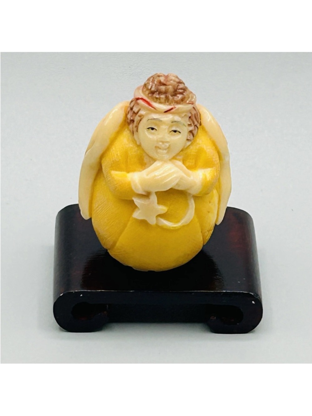 Hand Carved & Painted TAGUA NUT Angel wearing STARS from Hong Kong Rare Vintage